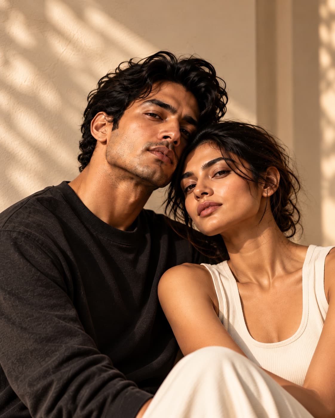 Portrait of a man and a woman with natural skin, in warm morning light